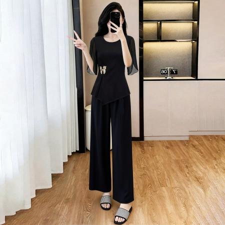BY19046# 夏季新款优雅爆款修身显瘦短袖阔腿裤时尚休闲两件套女 服裝批發女裝批發服飾貨源