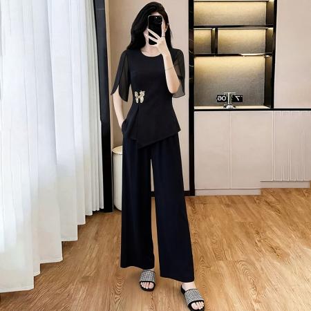 BY19046# 夏季新款优雅爆款修身显瘦短袖阔腿裤时尚休闲两件套女 服裝批發女裝批發服飾貨源