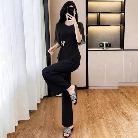 BY19046# 夏季新款优雅爆款修身显瘦短袖阔腿裤时尚休闲两件套女 服裝批發女裝批發服飾貨源
