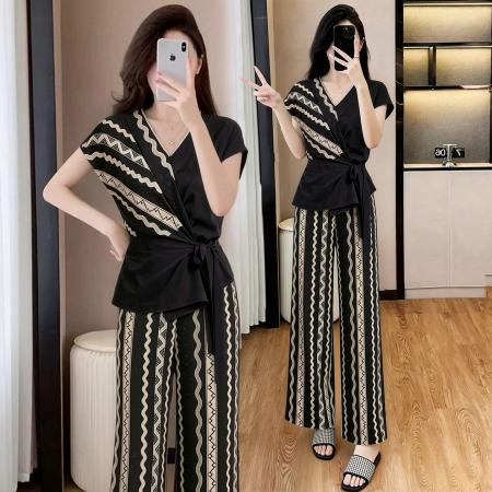 BY19047# 夏季新款轻熟老钱风遮肚显瘦复古系带上衣阔腿裤两件套女 服裝批發女裝批發服飾貨源