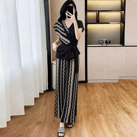 BY19047# 夏季新款轻熟老钱风遮肚显瘦复古系带上衣阔腿裤两件套女 服裝批發女裝批發服飾貨源
