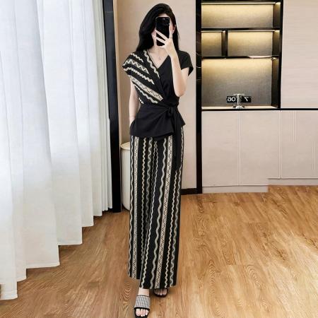 BY19047# 夏季新款轻熟老钱风遮肚显瘦复古系带上衣阔腿裤两件套女 服裝批發女裝批發服飾貨源
