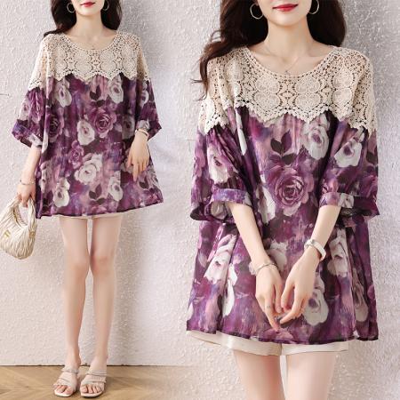 BY19048# 夏季新款时尚雪纺蕾丝拼接碎花上衣洋气胖MM遮肉显瘦上衣 服裝批發女裝批發服飾貨源