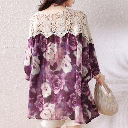 BY19048# 夏季新款时尚雪纺蕾丝拼接碎花上衣洋气胖MM遮肉显瘦上衣 服裝批發女裝批發服飾貨源