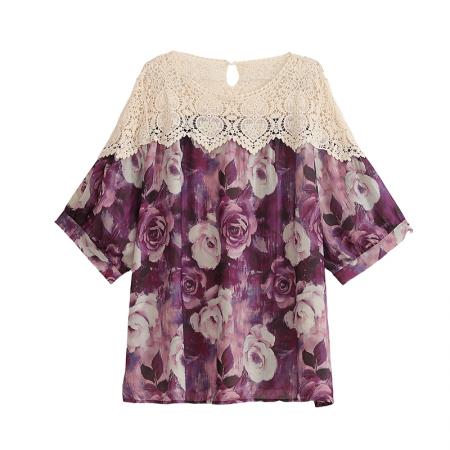 BY19048# 夏季新款时尚雪纺蕾丝拼接碎花上衣洋气胖MM遮肉显瘦上衣 服裝批發女裝批發服飾貨源