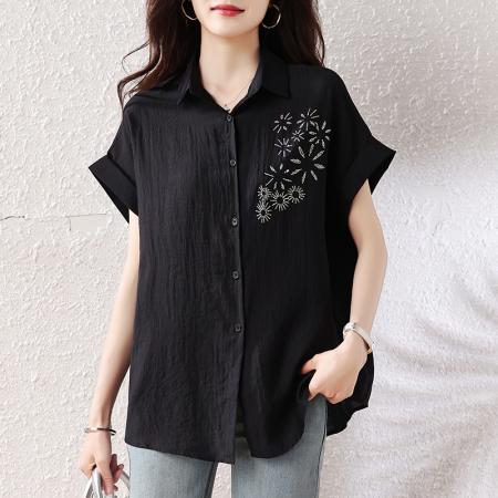 BY19049# 夏季新款欧货宽松大码衬衣烫钻显瘦上衣时尚简约雪纺衫女 服裝批發女裝批發服飾貨源