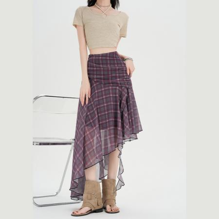 BY19055# 设计感复古不规则格子半身裙女夏季薄款网纱飘带A字中裙 服裝批發女裝批發服飾貨源