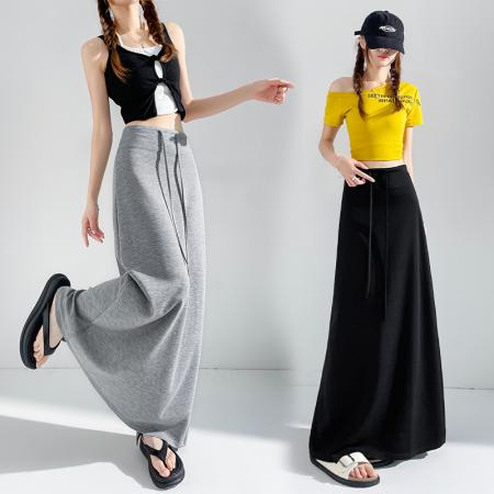BY19058# 灰色慵懒风半身裙女夏季新款高腰直筒开叉a字垂坠感卫裙长裙 服裝批發女裝批發服飾貨源