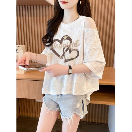 BY19060# 罗纹大码印花短袖t恤女夏季新款露肩上 服裝批發女裝批發服飾貨源