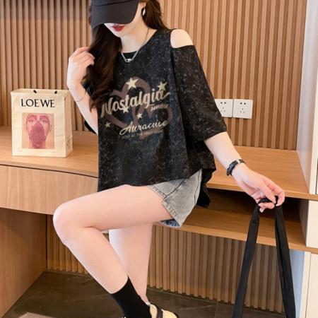 BY19060# 罗纹大码印花短袖t恤女夏季新款露肩上 服裝批發女裝批發服飾貨源