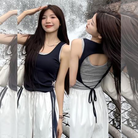 BY19062# 撞色拼接假两件吊带背心女夏季修身短款镂空露背辣妹上衣 服裝批發女裝批發服飾貨源