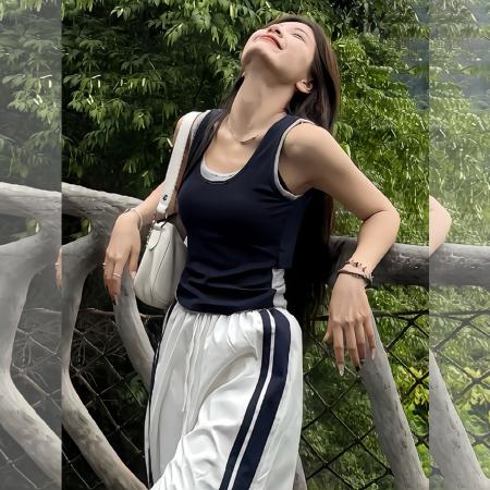 BY19062# 撞色拼接假两件吊带背心女夏季修身短款镂空露背辣妹上衣 服裝批發女裝批發服飾貨源