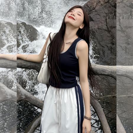 BY19062# 撞色拼接假两件吊带背心女夏季修身短款镂空露背辣妹上衣 服裝批發女裝批發服飾貨源