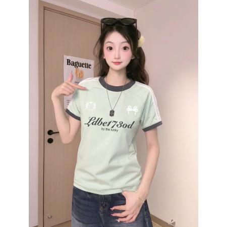BY19065# 天丝爽棉短袖t恤女夏新款条纹趣味印花撞色圆领上衣 服裝批發女裝批發服飾貨源