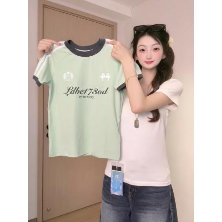 BY19065# 天丝爽棉短袖t恤女夏新款条纹趣味印花撞色圆领上衣 服裝批發女裝批發服飾貨源