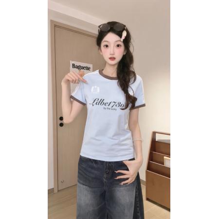 BY19065# 天丝爽棉短袖t恤女夏新款条纹趣味印花撞色圆领上衣 服裝批發女裝批發服飾貨源