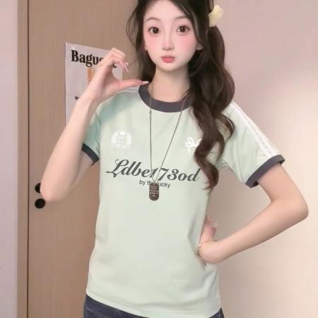 BY19065# 天丝爽棉短袖t恤女夏新款条纹趣味印花撞色圆领上衣 服裝批發女裝批發服飾貨源