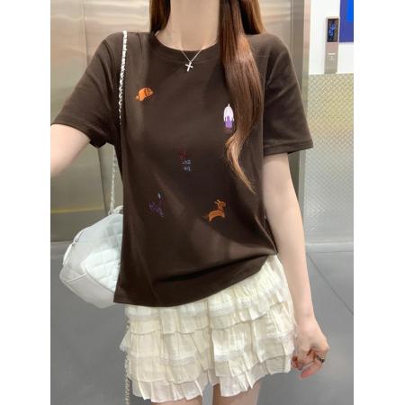 BY19066# 纯棉螺纹短袖t恤夏季韩系卡通刺绣圆领上衣女装 服裝批發女裝批發服飾貨源