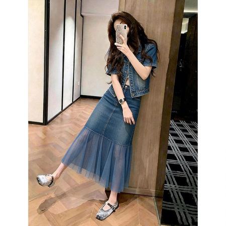 BY19067# 时髦洋气高级感牛仔上衣外套女春夏新款高腰显瘦网纱半身裙两件套 服裝批發女裝批發服飾貨源