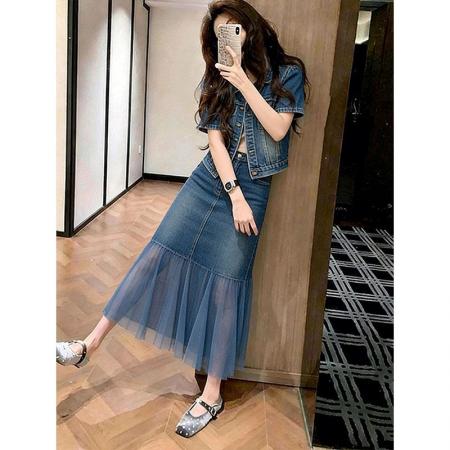 BY19067# 时髦洋气高级感牛仔上衣外套女春夏新款高腰显瘦网纱半身裙两件套 服裝批發女裝批發服飾貨源