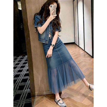 BY19067# 时髦洋气高级感牛仔上衣外套女春夏新款高腰显瘦网纱半身裙两件套 服裝批發女裝批發服飾貨源