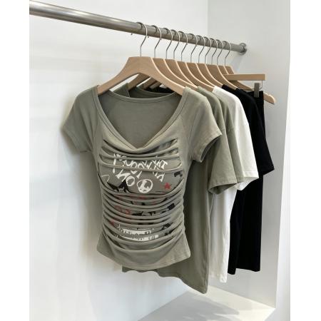 BY19068#  纯欲风镂空褶皱V领短袖女夏季新款小众印花修身显瘦短款上衣 服裝批發女裝批發服飾貨源