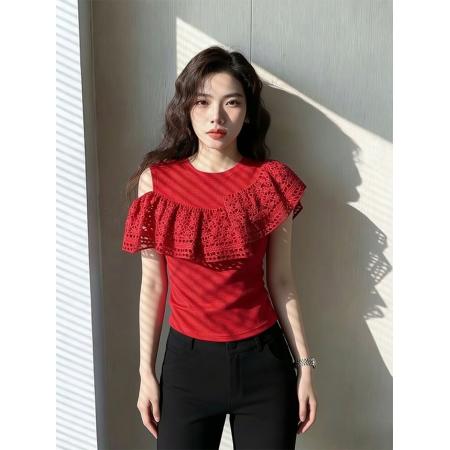 BY19069# 初夏法式重要场合的小衫独特漂亮气质轻奢高级感轻熟风红色上衣女 服裝批發女裝批發服飾貨源