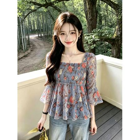BY19071# 夏季新款喇叭袖碎花上衣修身显瘦减龄遮肚子小衫女潮 服裝批發女裝批發服飾貨源
