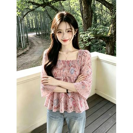 BY19071# 夏季新款喇叭袖碎花上衣修身显瘦减龄遮肚子小衫女潮 服裝批發女裝批發服飾貨源