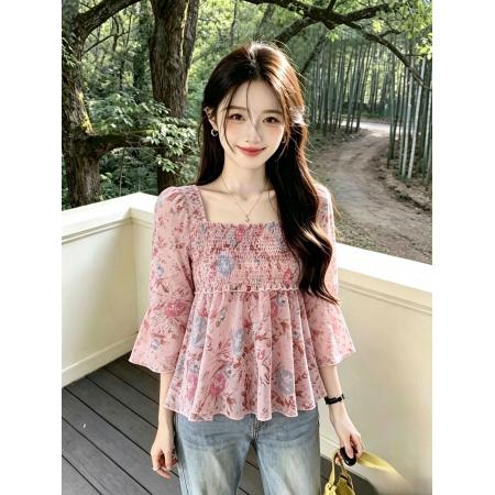 BY19071# 夏季新款喇叭袖碎花上衣修身显瘦减龄遮肚子小衫女潮 服裝批發女裝批發服飾貨源