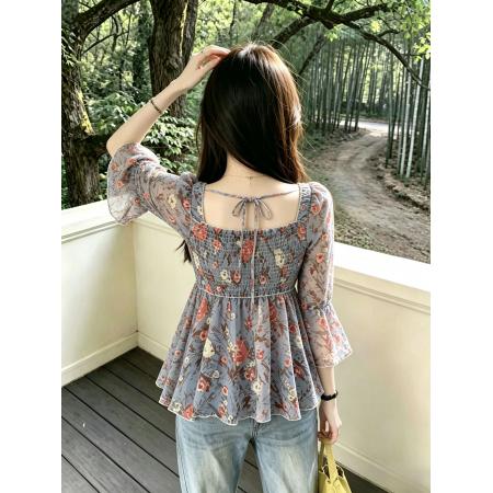 BY19071# 夏季新款喇叭袖碎花上衣修身显瘦减龄遮肚子小衫女潮 服裝批發女裝批發服飾貨源