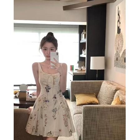 BY19074# 双层套里纯棉水印裙子女夏季显瘦收腰系带碎花连衣裙公主感吊带裙 服裝批發女裝批發服飾貨源