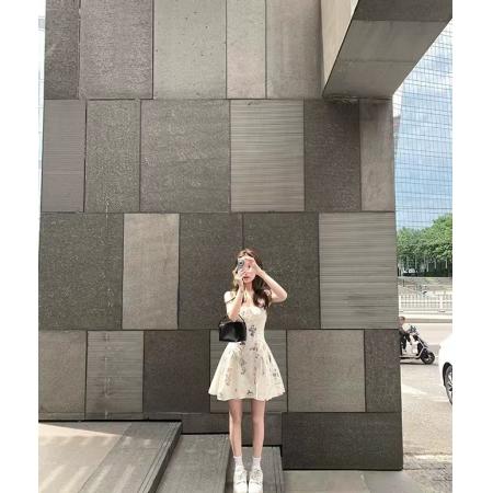 BY19074# 双层套里纯棉水印裙子女夏季显瘦收腰系带碎花连衣裙公主感吊带裙 服裝批發女裝批發服飾貨源