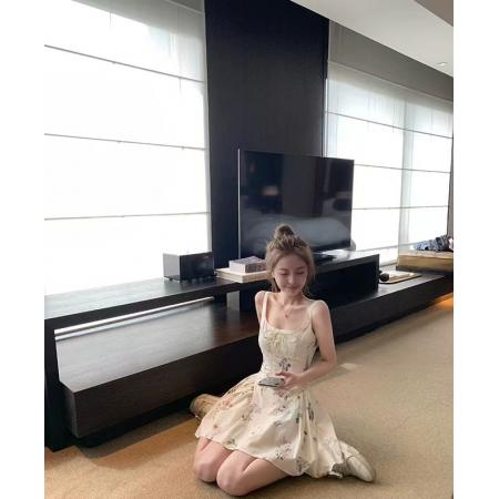 BY19074# 双层套里纯棉水印裙子女夏季显瘦收腰系带碎花连衣裙公主感吊带裙 服裝批發女裝批發服飾貨源