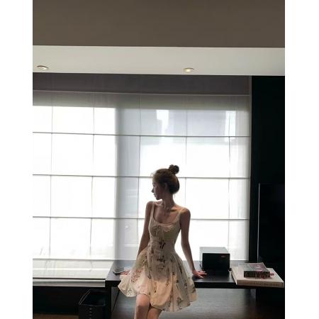 BY19074# 双层套里纯棉水印裙子女夏季显瘦收腰系带碎花连衣裙公主感吊带裙 服裝批發女裝批發服飾貨源
