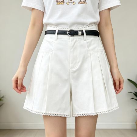 BY19075# 洗水棉蕾丝花边阔腿短裤女高腰显瘦百搭夏季新款百褶A字裙裤 服裝批發女裝批發服飾貨源