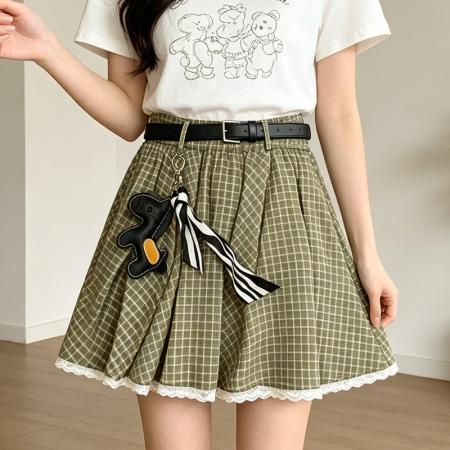 BY19077# 夏季甜妹必备绿色格子蕾丝半身裙高腰显瘦防走光A字短裙挂饰 服裝批發女裝批發服飾貨源