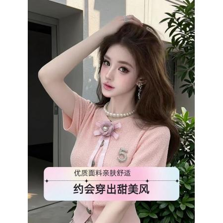 BY19080# 蝴蝶结短袖T恤女白色珍珠装饰修身显瘦百搭上衣 服裝批發女裝批發服飾貨源