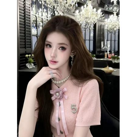 BY19080# 蝴蝶结短袖T恤女白色珍珠装饰修身显瘦百搭上衣 服裝批發女裝批發服飾貨源