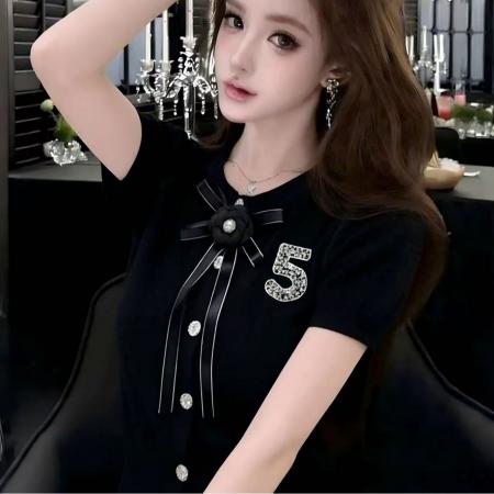 BY19080# 蝴蝶结短袖T恤女白色珍珠装饰修身显瘦百搭上衣 服裝批發女裝批發服飾貨源