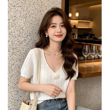 BY19092# 韩版新款时尚V领立体花镂空针织百搭套头短袖百搭上衣女 服裝批發女裝批發服飾貨源