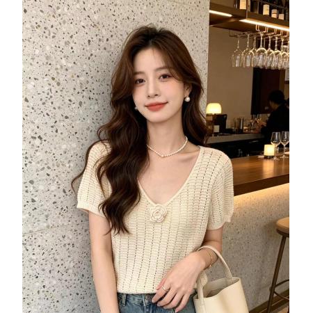 BY19092# 韩版新款时尚V领立体花镂空针织百搭套头短袖百搭上衣女 服裝批發女裝批發服飾貨源