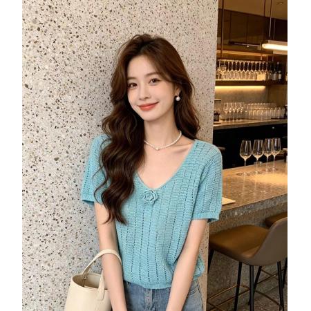 BY19092# 韩版新款时尚V领立体花镂空针织百搭套头短袖百搭上衣女 服裝批發女裝批發服飾貨源