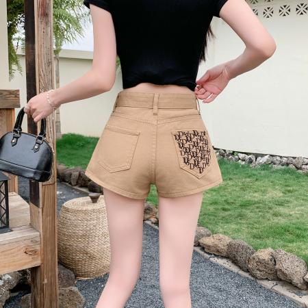 BY19094# 卡其色刺绣牛仔短裤女夏季新款高腰宽松阔腿A字裤热裤潮 服裝批發女裝批發服飾貨源