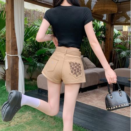 BY19094# 卡其色刺绣牛仔短裤女夏季新款高腰宽松阔腿A字裤热裤潮 服裝批發女裝批發服飾貨源