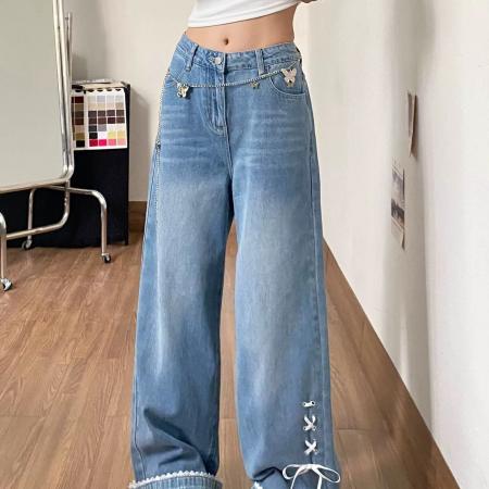 BY19095# 蝴蝶结绑带小众翻边牛仔裤女春季新款设计感宽松直筒阔腿裤子 服裝批發女裝批發服飾貨源