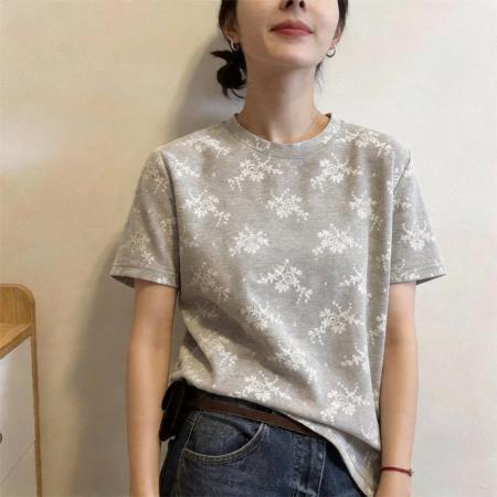 BY19097# 正肩灰色圆领蕾丝纱网拼接短袖t恤女夏季高级感气质百搭显瘦上衣 服裝批發女裝批發服飾貨源