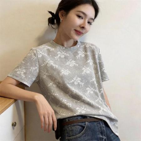 BY19097# 正肩灰色圆领蕾丝纱网拼接短袖t恤女夏季高级感气质百搭显瘦上衣 服裝批發女裝批發服飾貨源