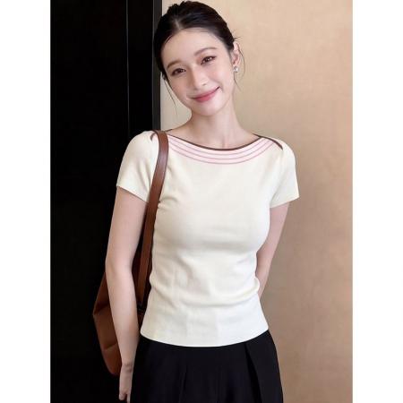 BY19098# 杏色短袖t恤女夏超火减龄设计感独特漂亮巨好看的修身小上衣 服裝批發女裝批發服飾貨源