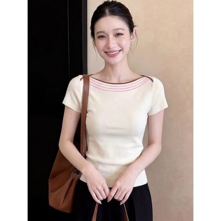 BY19098# 杏色短袖t恤女夏超火减龄设计感独特漂亮巨好看的修身小上衣 服裝批發女裝批發服飾貨源